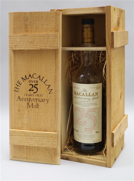 An opened bottle of The Macallan Over 25 years Old Anniversary Malt, distilled 1968, bottled 1993, in original box,